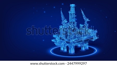 Luminous Offshore Oil Rig: Energy Industry's Future. Futuristic 3D render of an offshore oil platform with radiant blue lights, symbolizing advanced energy extraction. Gas platform. Oil rig. Vector