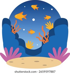  luminous orange fish explore a calm deep blue ocean grotto adorned with swaying colorful plants and bright bubbles ascending from the smooth sandy seabed a whimsical undersea escape