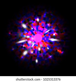 Luminous Particle explosion.Luminous sphere on a dark background.Bright ball of multi colored led lights in darkness. Colorful Glowing Lights.