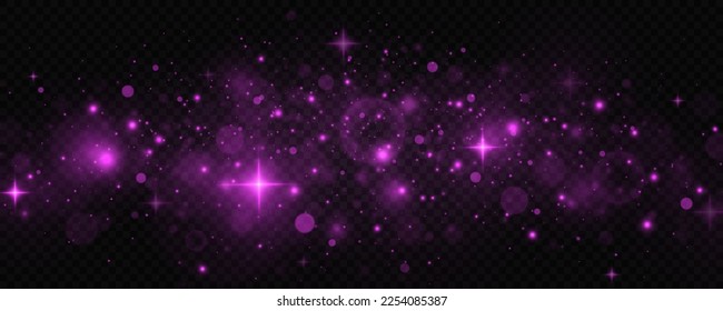 Luminous purple dust effect on transparent background. Sparkling magic dust particles. Christmas light concept.