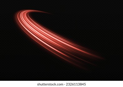 Luminous red lines on transparent background. High-speed light trails effect. Shiny wavy comet with light effect.