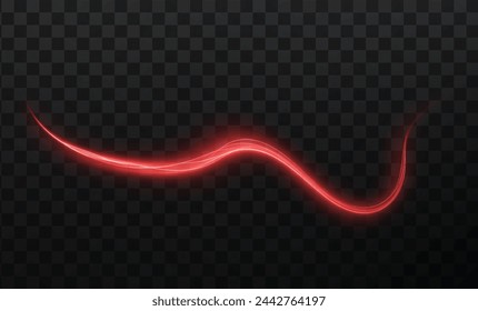 Luminous red lines png of speed. Light glowing effect png. Abstract motion lines. Light trail wave, fire path trace line, car lights, optic fiber and incandescence curve twirl	
