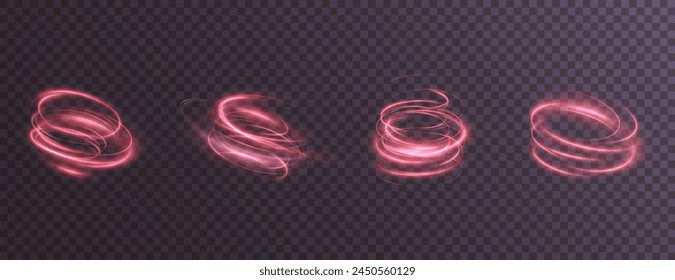 Luminous red podium lines png of speed. Light glowing effect png. Abstract motion lines. Light trail wave, fire path trace line, car lights, optic fiber and incandescence curve twirl