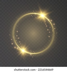 Luminous ring with yellow illumination. Round gold frame with glitter, element for advertising and design. Vector illustration.