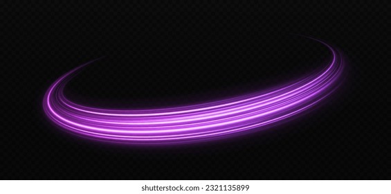 Luminous round purple trail with light effect. Space wavy lines twinkle. Luxury light trail of glittering comet tail. Space swirl effect.