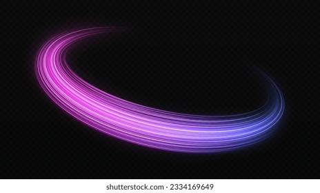 Luminous round trail with light effect. Space wavy lines twinkle on transparent background. Luxury light trail of glittering comet tail. Space swirl effect.