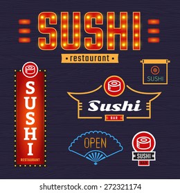 Luminous signs sushi. Vector logo, badges, labels. Outdoor advertising.