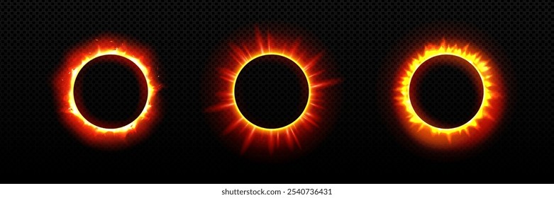 Luminous solar eclipse variations with moon covering sun creating different orange and red neon and fire rings on dark background. Realistic set of various circular glowing magical outlines effects.