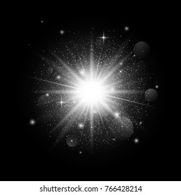 Luminous sparkle star light on dark background. Christmas decoration with particles. Starry space. Vector illustration