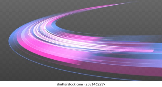 Luminous sparkling lines, glowing violet speed rays. Neon futuristic network technologies on dark background with movement and speed effect.	
