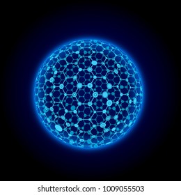 Luminous sphere. Hexagon mesh design modern background vector. Hexagon texture. Wireframe cell sphere. Molecular nanostructure. Material design with glow.
