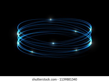 Luminous spiral trail of rapid circular motion of bright particles in space. Abstract background of blurred glowed rings. Transparent light effect. Vector illustration