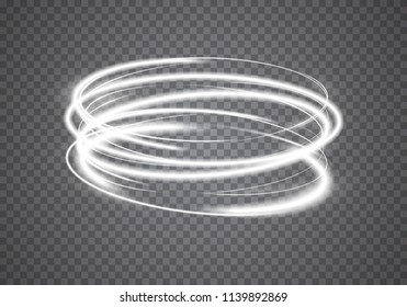 Luminous spiral trail of rapid circular motion of bright particles in space. Abstract background of blurred glowed rings. Neon circles. Transparent light effect. Vector illustration