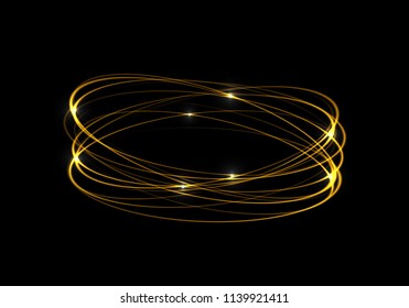 Luminous spiral trail of rapid circular motion of bright particles in space. Abstract background of blurred glowed rings. Golden neon circles. Transparent light effect. Vector illustration