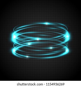 Luminous spiral trail of rapid circular motion of bright particles in space. Abstract background of blurred glowed rings. Colored neon circles. Transparent light effect. Vector illustration