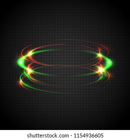 Luminous spiral trail of rapid circular motion of bright particles in space. Abstract background of blurred glowed rings. Colored neon circles. Transparent light effect. Vector illustration