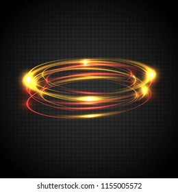 Luminous spiral trail of rapid circular motion of bright particles in space. Abstract background of blurred glowed rings. Colored neon circles. Transparent light effect. Vector illustration