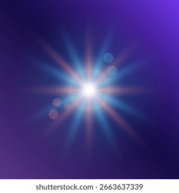 Uma estrela luminosa com luz bokeh sobre fundo roxo.
