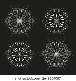 Ícones luminosos de explosão. Rodas florais radiantes. Enfeites de mandala brilhantes. Conjunto de brilho vetorial.