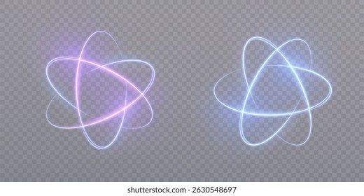 
Luminous structure of atom molecule with blue energy orbits on transparent background. Futuristic nuclear particle model for physics, technology or scientific concepts.