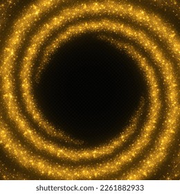 Anillo giratorio luminoso con partículas de polvo. Luz mágica dorada brillante con efecto de partículas brillantes. Espiral brillante de brillo.
