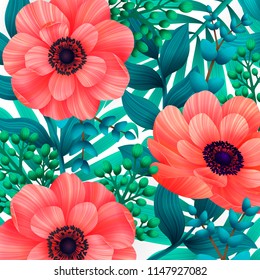 Luminous tropical background with 3d style wild coral flowers. Beautiful anemones and leaves on white background. Trendy design for wallpapers, screensavers, wedding or greeting cards. Vector