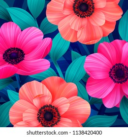 Luminous tropical background with pink and coral flowers. Beautiful anemones and leaves on blue background. Trendy design for wallpapers, screensavers, wedding or greeting cards. Vector illustration.