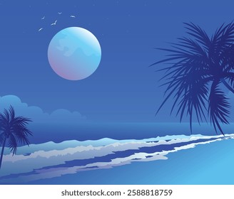 Luminous Tropical Moonlit Beach – Serene Night Ocean Landscape Digital Art