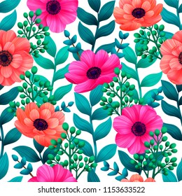 Patrón sin fisuras tropical luminoso con flores y hojas de estilo 3d sobre fondo blanco. Diseño de moda para Fondos de pantalla textiles salvapantallas de boda o tarjetas de felicitación. Ilustración vectorial.