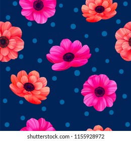 Luminous tropical seamless pattern with 3d style flowers and polka dots on navy background. Trendy design for wallpapers, wrapping, textile, screensavers, wedding or greeting cards. vector