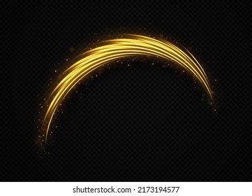 Luminous wave with sparkles particles. Golden light trails with light effect. Magic sparkle dust on transparent background.