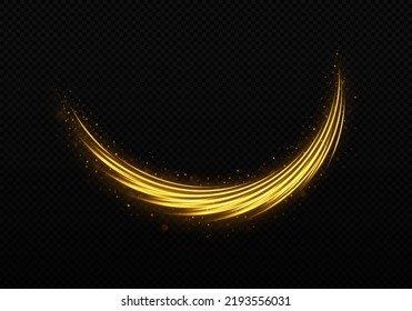 Luminous wave with sparkles particles. Magic sparkle dust on transparent background. Golden light trails with light effect.