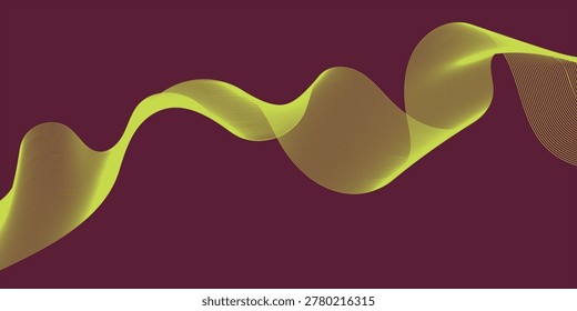 A luminous, wavy ribbon of light, transitioning from yellow to green, flows dynamically across a deep maroon backdrop.