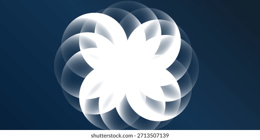 Um padrão floral abstrato branco luminoso formado por vários círculos translúcidos sobrepostos, criando um design geométrico brilhante contra um fundo azul profundo.