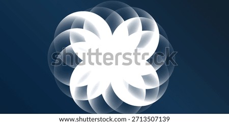 A luminous white abstract floral pattern formed by multiple overlapping translucent circles, creating a glowing geometric design against a deep blue background.