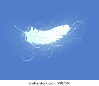 luminous white feather of the angel flies in blue sky