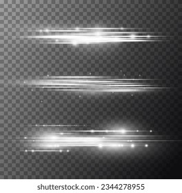 Luminous white lines with dust and star. PNG. Light trail wave, fire path trace line, car lights, optic fiber and incandescence curve twirl. Curve light effect of white line speed. Vector illustration