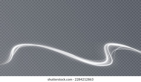 Luminous white lines png of speed. Light glowing effect. Abstract motion lines. Light trail wave png, fire path trace line, car lights, optic fiber and incandescence curve twirl.