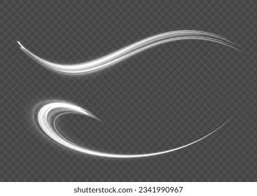 Luminous white lines png of speed. Bright spiral. Abstract motion lines. Light trail wave png effect, fire path trace line, car lights, optic fiber and incandescence curve twirl. Vector illustration.