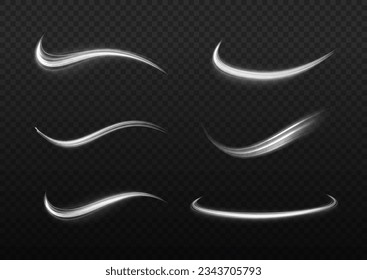 Luminous white lines png of speed. Bright spiral. Abstract motion lines. Light trail wave png effect, fire path trace line, car lights, optic fiber and incandescence curve twirl. Vector illustration.