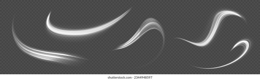 Luminous white lines png of speed. Bright spiral. Abstract motion lines. Light trail wave png effect, fire path trace line, car lights, optic fiber and incandescence curve twirl. Vector illustration.