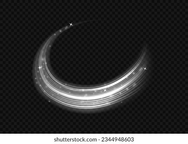 Luminous white lines png of speed. Bright spiral. Abstract motion lines. Light trail wave png effect, fire path trace line, car lights, optic fiber and incandescence curve twirl. Vector illustration.