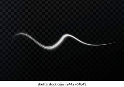 Luminous white lines png of speed. Light glowing effect. Abstract motion lines. Light trail wave png, fire path trace line, car lights, optic fiber and incandescence curve twirl	
