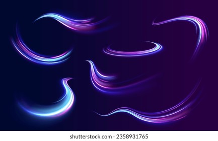 Luminous white lines of speed. Light trail wave, fire path trace line and incandescence curve twirl. 3d render. Abstract neon blue and purple circle. Glowing shiny lines effect vector background. 