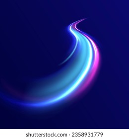 Luminous white lines of speed. Light trail wave, fire path trace line and incandescence curve twirl. 3d render. Abstract neon blue and purple circle. Glowing shiny lines effect vector background. 