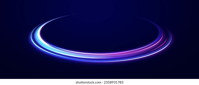 Luminous white lines of speed. Light trail wave, fire path trace line and incandescence curve twirl. 3d render. Abstract neon blue and purple circle. Glowing shiny lines effect vector background. 