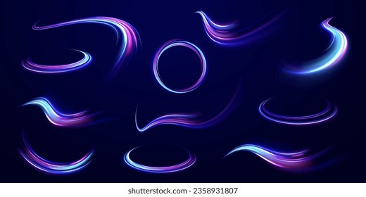 Luminosas líneas blancas de velocidad. Ola ligera de senderos, línea de trazos de senderos de incendios y giro de la curva de incandescencia. 3 quinquies. Resumen de círculo azul neón y violeta. Fondo vectorial de efecto de líneas brillantes. 