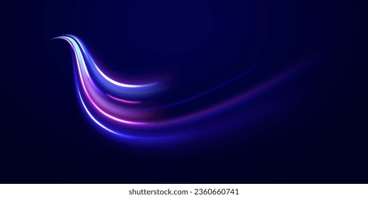 Luminous white lines of speed. Light trail wave, fire path trace line and incandescence curve twirl. 3d render. Abstract neon blue and purple circle. Glowing shiny lines effect vector background. 