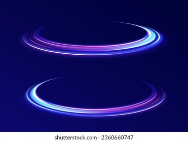 Luminous white lines of speed. Light trail wave, fire path trace line and incandescence curve twirl. 3d render. Abstract neon blue and purple circle. Glowing shiny lines effect vector background. 