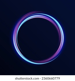 Luminous white lines of speed. Light trail wave, fire path trace line and incandescence curve twirl. 3d render. Abstract neon blue and purple circle. Glowing shiny lines effect vector background. 